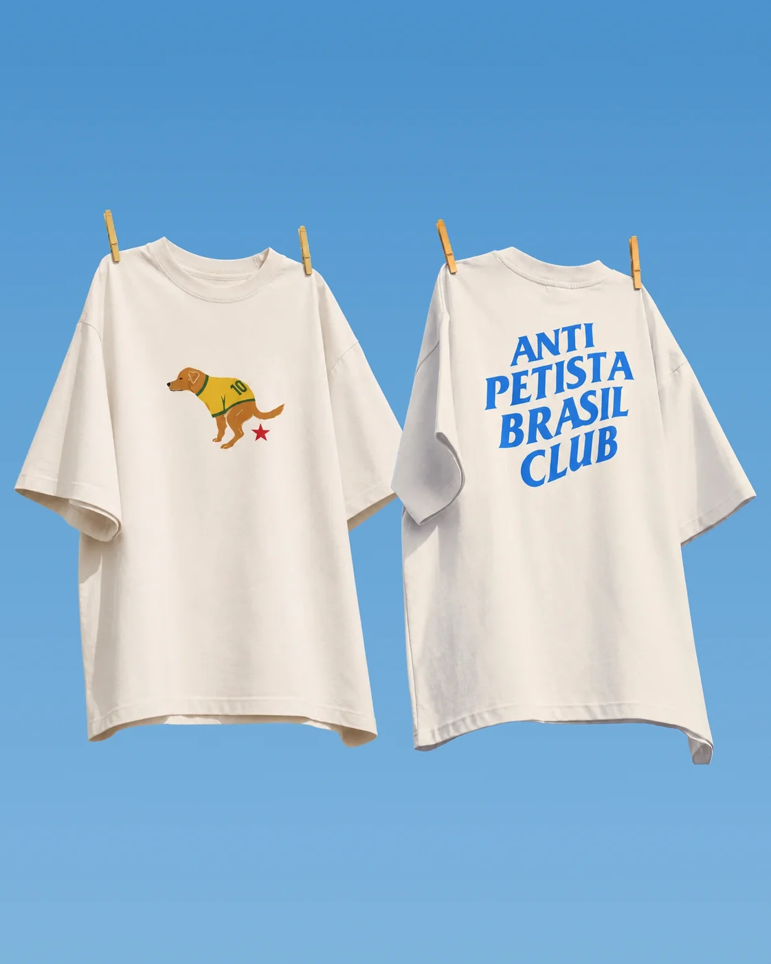 As duas camisetas penduradas no varal: Caramelo Patriota à esquerda e Anti-Petista Brasil Club à direita